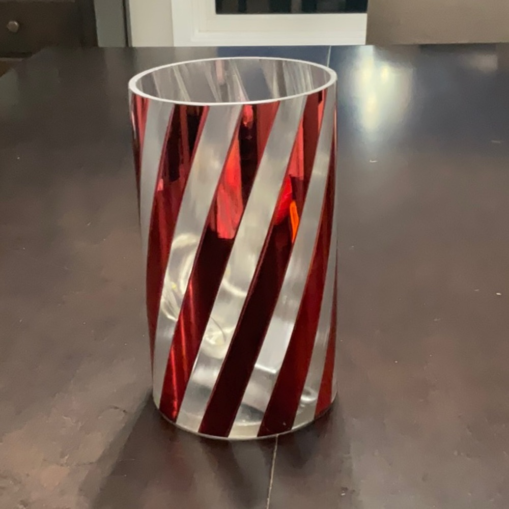Red and Silver Holiday Striped Candle Holder